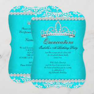 Aqua Teal Quinceanera 15th Birthday Party Tiara Invitation