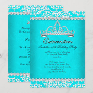 Aqua Teal Quinceanera 15th Birthday Party Tiara Invitation