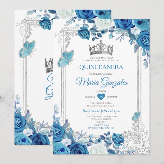 Aqua Teal Quinceañera Silver Crown 15 Anos Invitation (Front/Back)