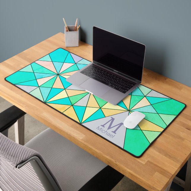 Aqua teal retro Mosaic Triangle Pattern Monogram Desk Mat (Office 2)