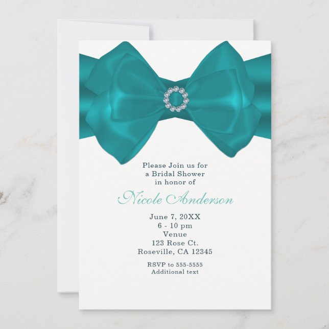 Aqua Teal Ribbon & Diamonds Elegant Invitations (Front)