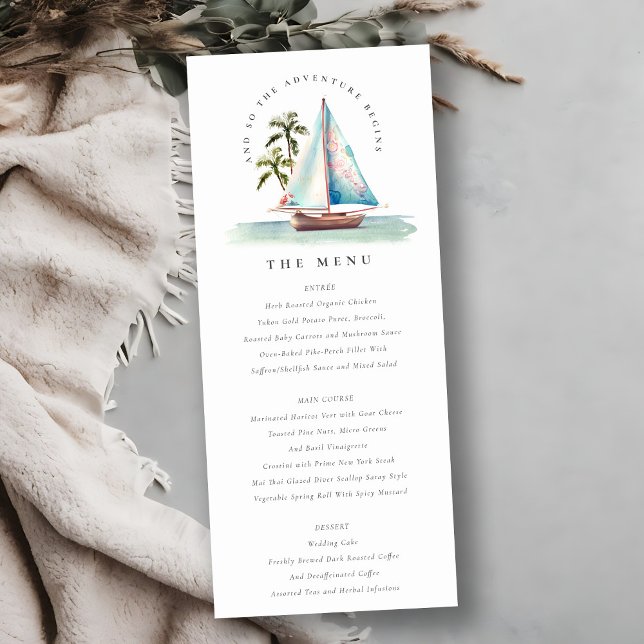 Aqua Teal Sailboat Palm Seascape Wedding Menu Card (Creator Uploaded)
