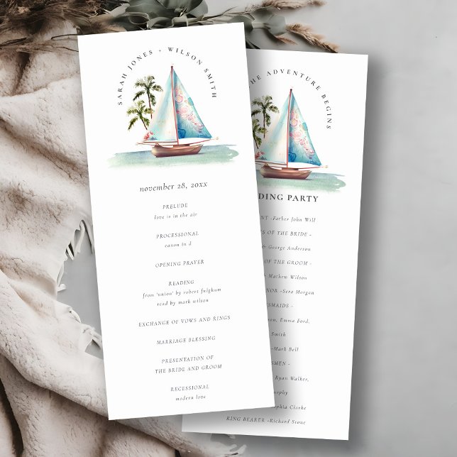Aqua Teal Sailboat Palm Seascape Wedding Program Invitation (Creator Uploaded)