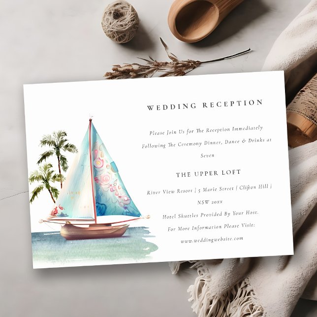 Aqua Teal Sailboat Palm Seascape Wedding Reception Enclosure Card (Creator Uploaded)