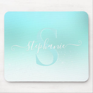 Aqua Teal Shimmer Sparkle Girly Monogram Mouse Pad