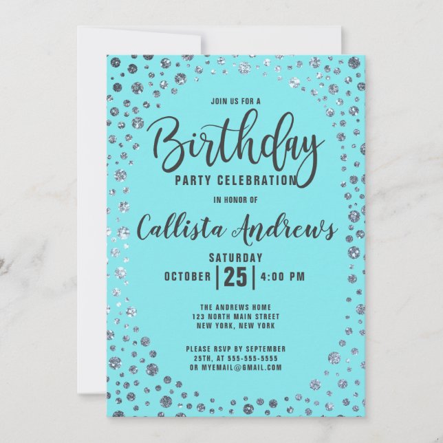 Aqua Teal Silver Glitter Confetti Border Birthday Invitation (Front)