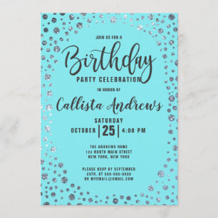 Aqua Teal Silver Glitter Confetti Border Birthday Invitation