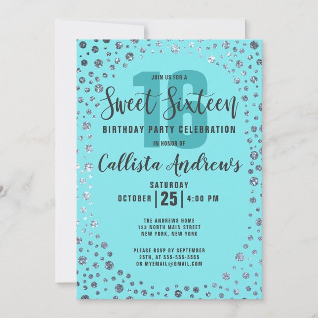 Aqua Teal Silver Glitter Confetti Border Sweet 16 Invitation (Front)
