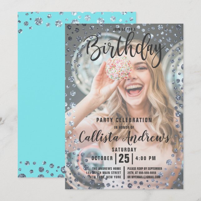 Aqua Teal Silver Glitter Confetti Photo Birthday Invitation (Front/Back)