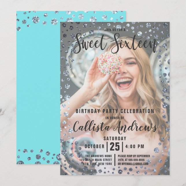 Aqua Teal Silver Glitter Confetti Photo Sweet 16 Invitation (Front/Back)
