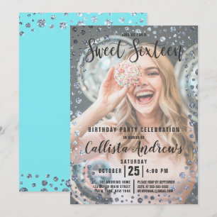 Aqua Teal Silver Glitter Confetti Photo Sweet 16 Invitation