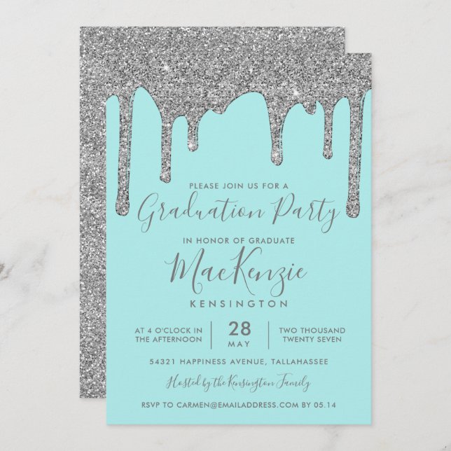 Aqua Teal Silver Glitter Drips Graduation Party Invitation (Front/Back)