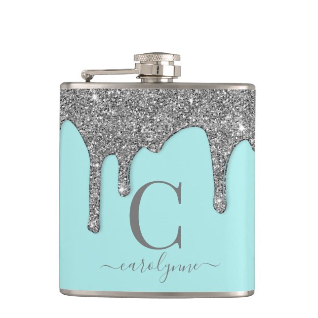 Aqua Teal Silver Sparkle Glitter Drips Monogram Hip Flask (Front)