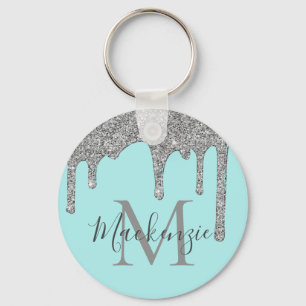 Aqua Teal Silver Sparkle Glitter Drips Monogram Key Ring