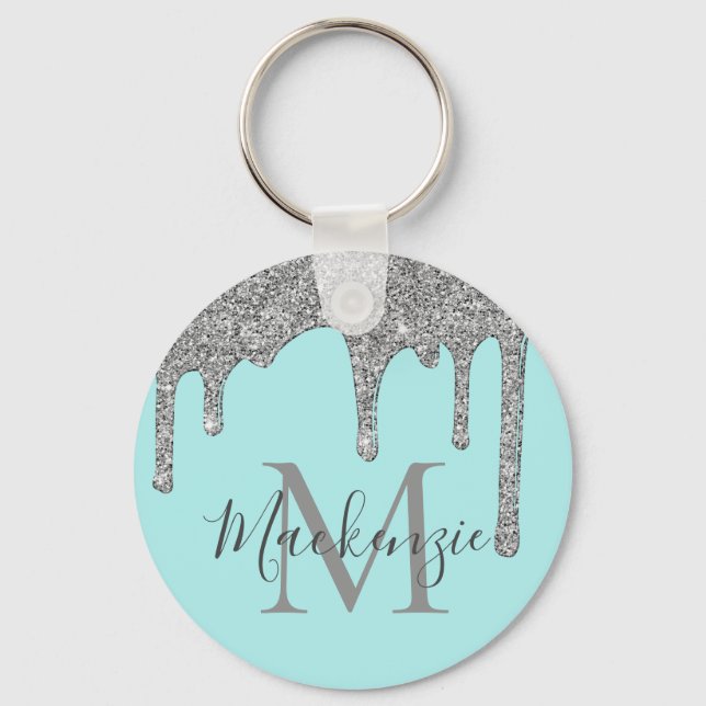 Aqua Teal Silver Sparkle Glitter Drips Monogram Key Ring (Front)