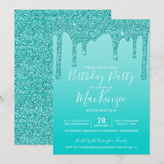 Aqua Teal Sparkle Glitter Drips Any Year Birthday Invitation (Front/Back)