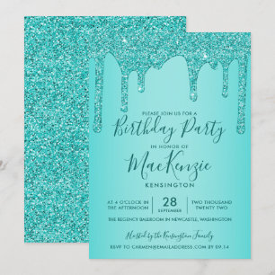 Aqua Teal Sparkle Glitter Drips Any Year Birthday Invitation