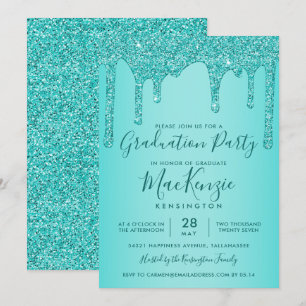 Aqua Teal Sparkle Glitter Drips Graduation Party Invitation