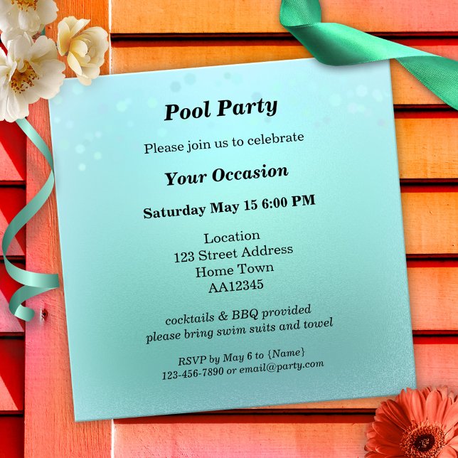 Aqua Teal Sparkling Pool Party Invitation (Elegant invitation in aqua teal and marine blue with sparkling lights or bokeh - summer pool party)