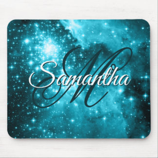 Aqua Teal Sparkly Stars Celestial Fancy Monogram Mouse Mat