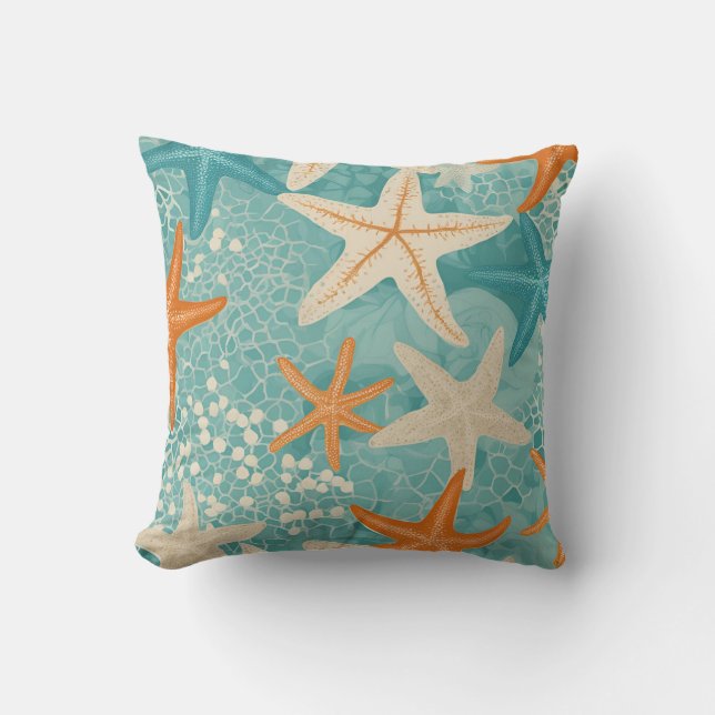 Aqua Teal Starfish Beach Seashell Pattern Cushion (Front)