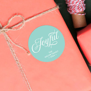 Aqua Teal Stylish Cursive Joyful Holiday Classic Round Sticker