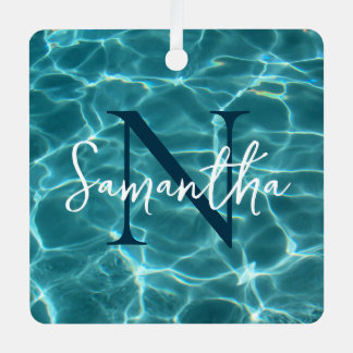 Aqua Teal Swimming Pool Photo Monogrammed Metal Tree Decoration