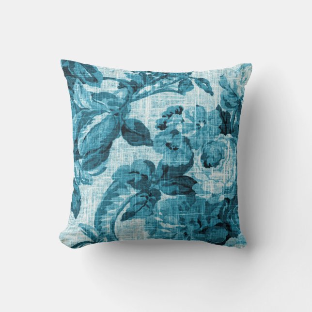 Aqua Teal Turquoise Blue Floral Toile Fabric No. 5 Cushion (Front)