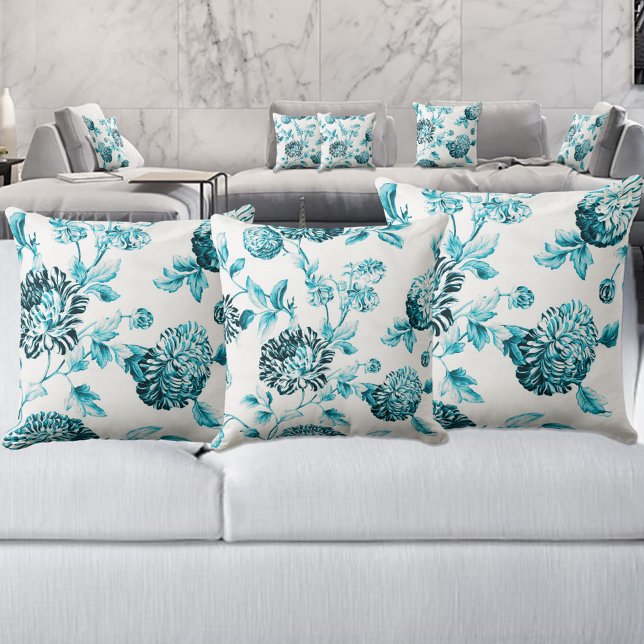Aqua Teal Turquoise Botanical Floral Toile No.2 Cushion (Creator Uploaded)