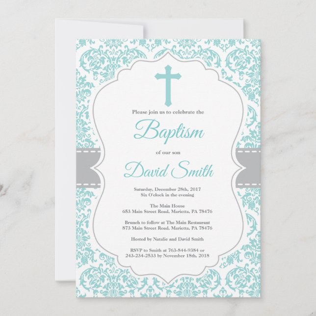Aqua Teal Turquoise Damask Cross Baptism Invitation (Front)