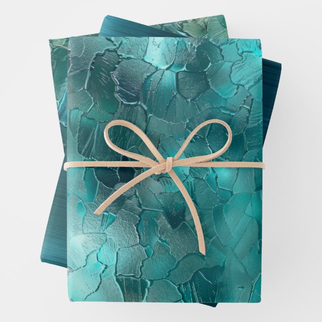 Aqua Teal Turquoise Glam Wrapping Paper Sheet (In situ)
