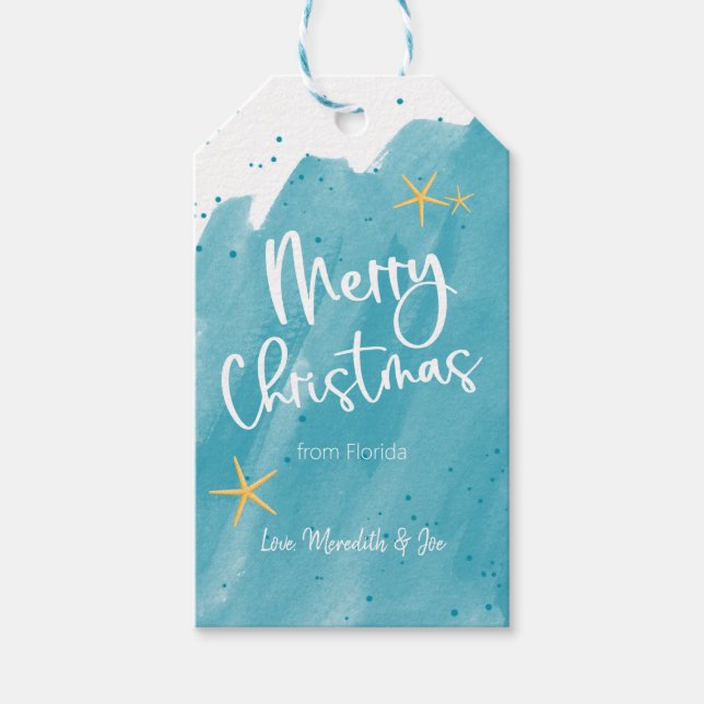 Aqua Teal Watercolor Beach-Themed Merry Christmas Gift Tags (Front)