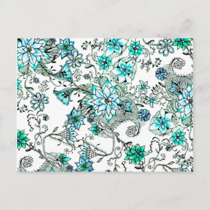 Aqua teal watercolor hand painted floral postcard