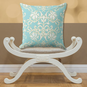 Aqua Teal White Gold Damask Pillow