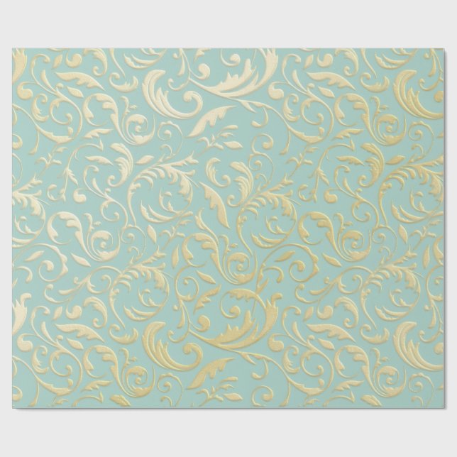 Aqua & Teal Xmas Wrapping Paper with Gold Accents (Flat)