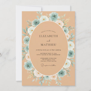 Aqua Terracotta Ranunculus Eucalyptus Wedding Invitation