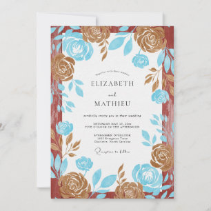 Aqua Terracotta Rose Wedding Invitation