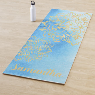 Aqua Tie Dye and Gold Mandala Flowers Custom Name Yoga Mat
