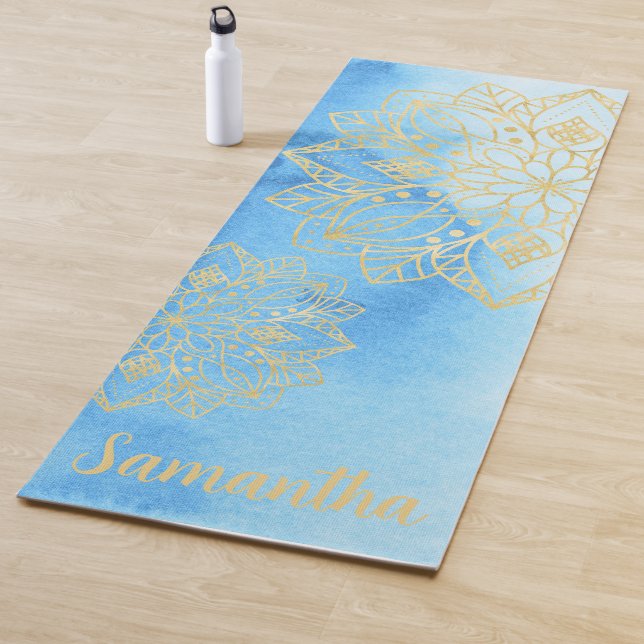 Aqua Tie Dye and Gold Mandala Flowers Custom Name Yoga Mat (In Situ)