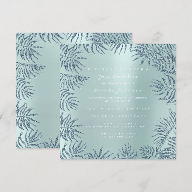 Aqua Tiffany Metal Glitter Tropic Floral Blue Invitation (Front/Back)