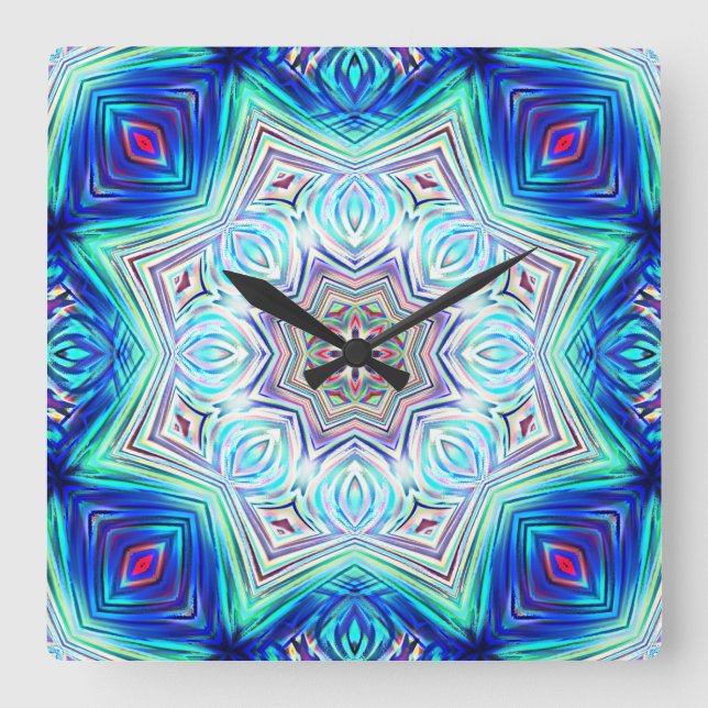 Aqua to royal blue kaleidoscope eight points star  square wall clock (Front)