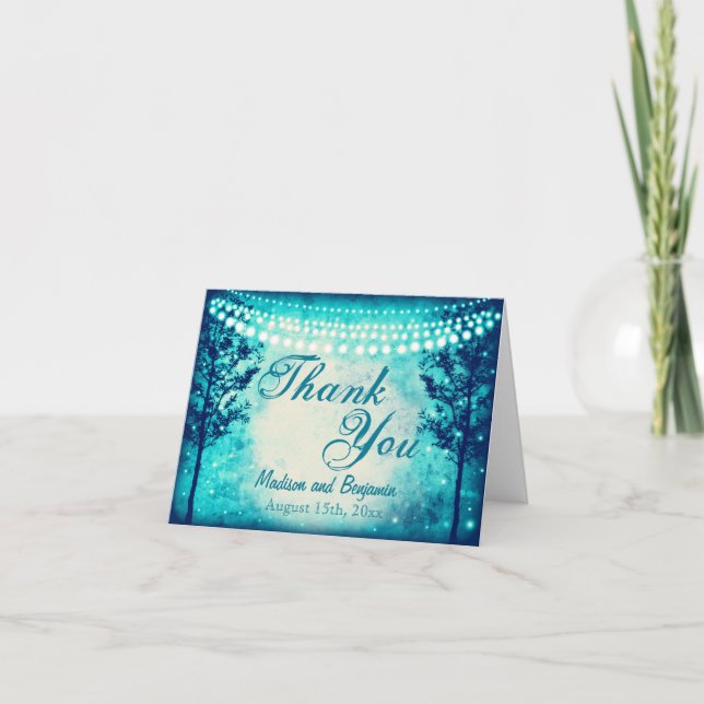 Aqua Tree String Lights Wedding Thank You Card (Front)