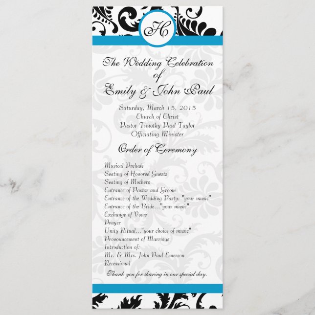 Aqua Trim Black Damask Wedding Program Programme (Front)