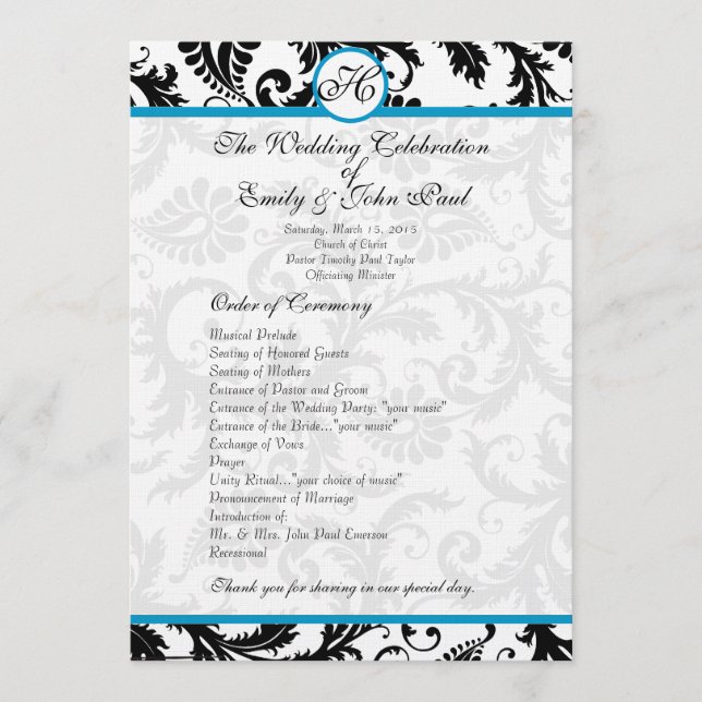 Aqua Trim Black Damask  Wedding Program Programme (Front)