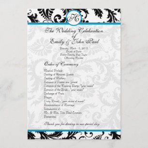 Aqua Trim Black Damask Wedding Program Programme