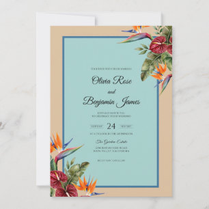 Aqua Tropical Bird Eucalyptus Wedding Invitation