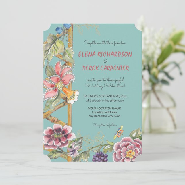 Aqua Tropical Floral Oriental Chinoiserie Wedding Invitation (Standing Front)