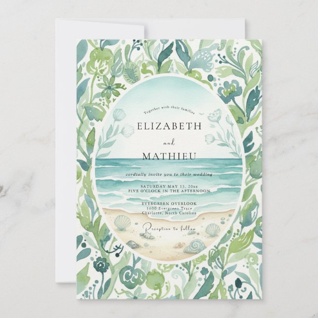 Aqua Tropical Foliage Eucalyptus Wedding Invitation (Front)