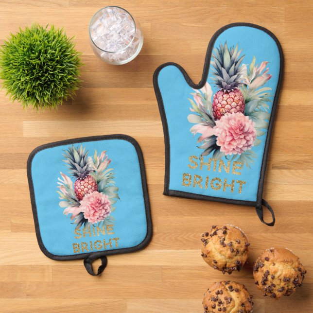 Aqua Tropical Gold Glitter Shine Pineapple Oven Mitt & Pot Holder Set (Top Down)