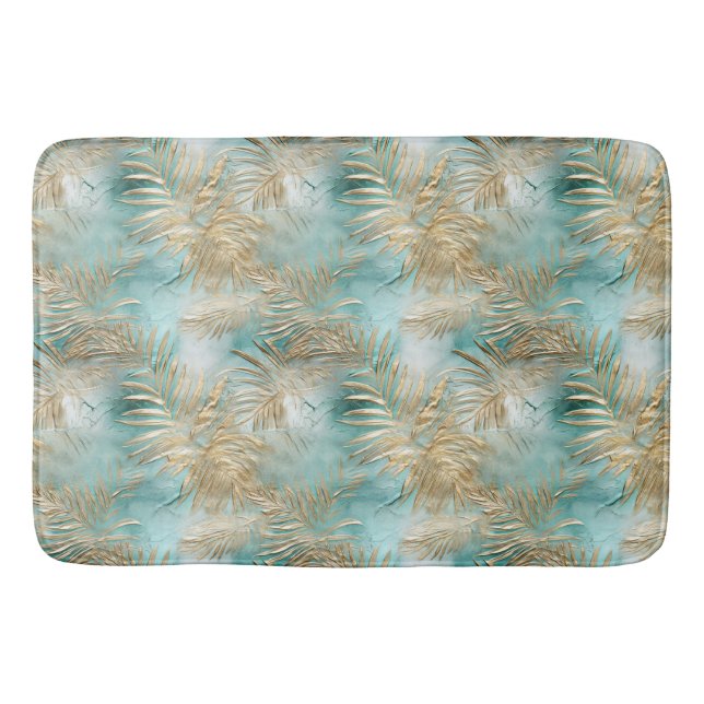Aqua Tropical Gold Leaves  Bath Mat (Front)